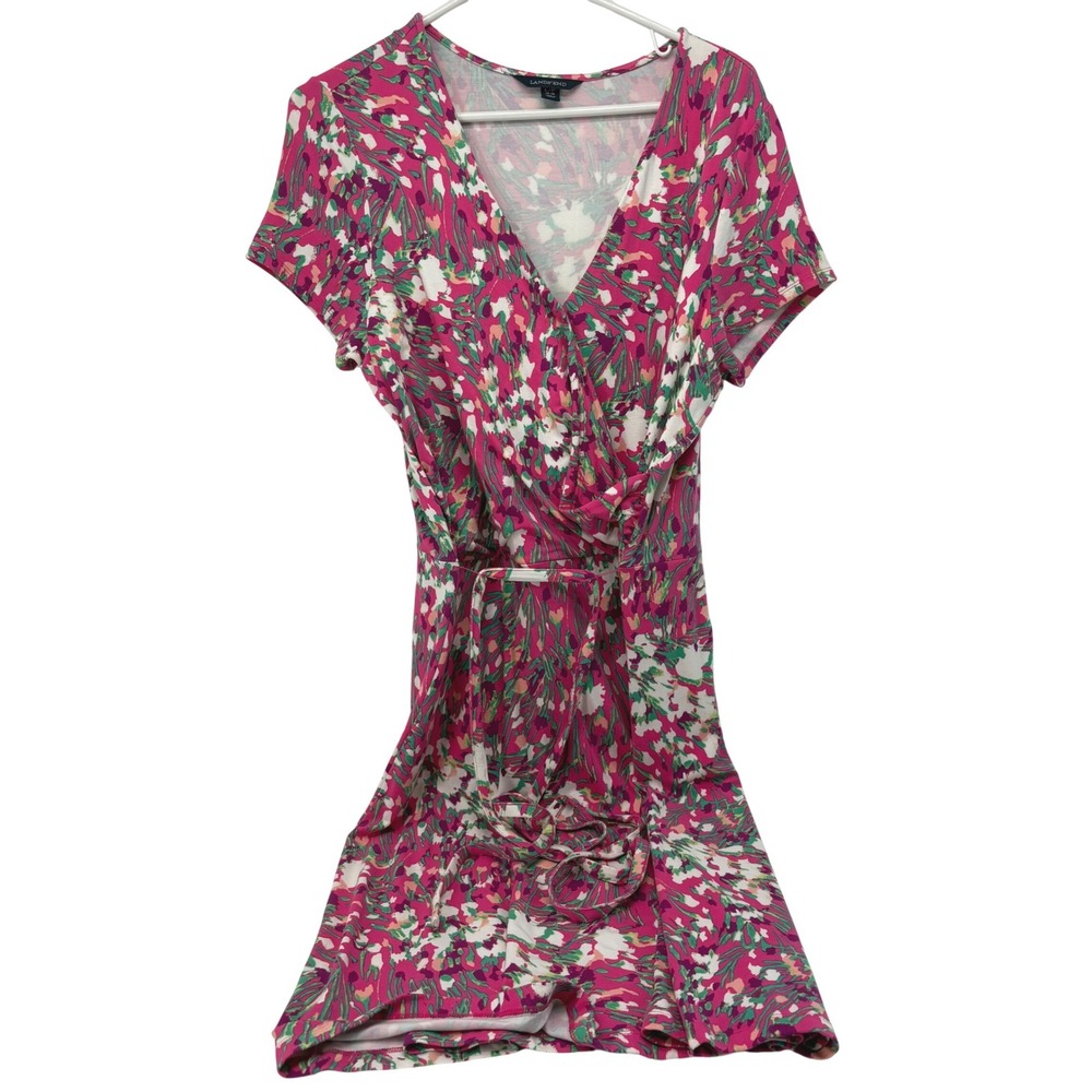 Lands End Pink Floral Faux Wrap Midi Dress Short Sleeve V-Neck Size L 14-16